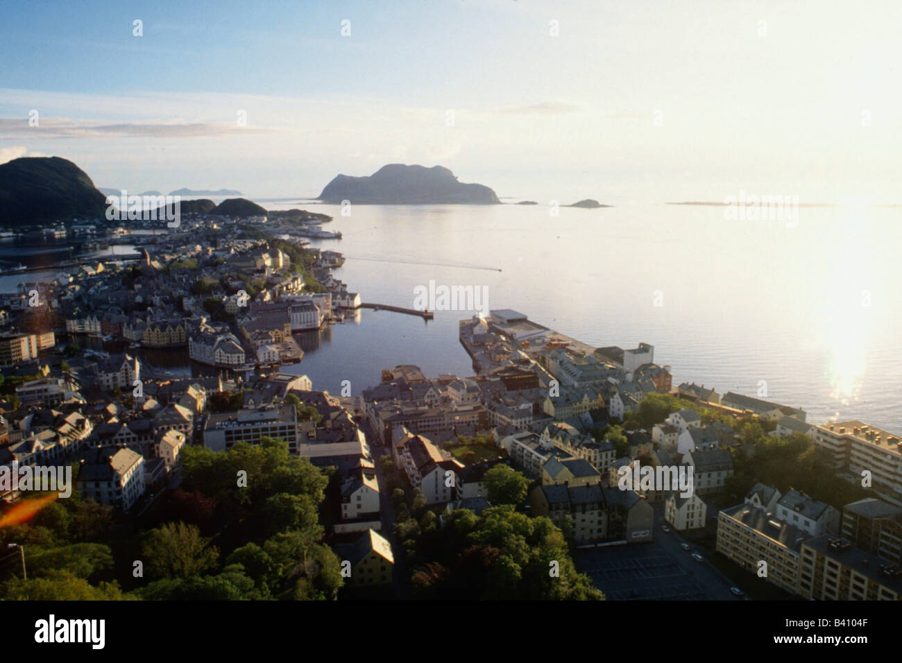 geography / travel, Norway, Alesund, view from mountain Aksla at town and harbour, 11 o'clock p.m., , Stock Photo