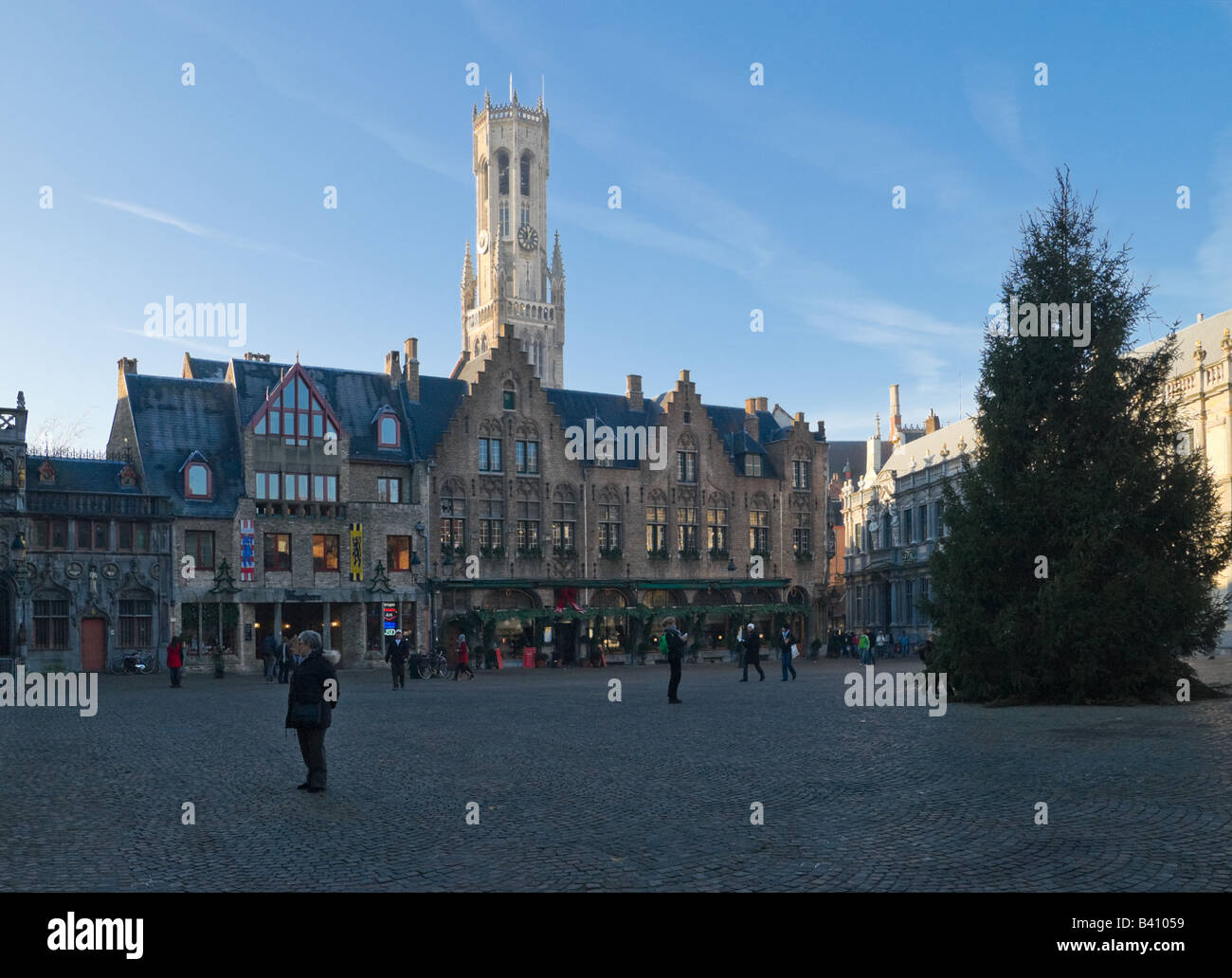 Burg square and Belford tower with Xmas tree in Bruges (Belgium Stock