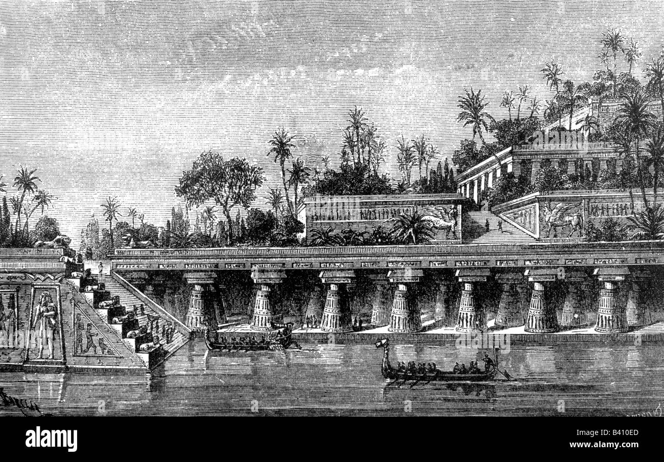 ancient world, wonders of the world, Hanging Gardens of Babylon, historic image, engraving, 19th century, grahic, graphics, garden, Semiramis, Seramis, one of the Seven Wonders of the World, Assyria, legend, myth, historical, historic, ancient world, people, Stock Photo