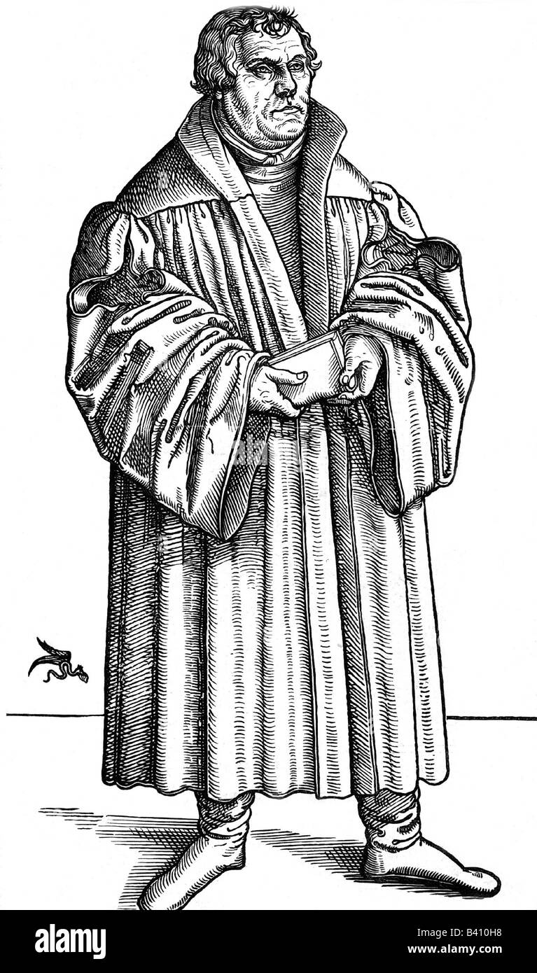 Luther, Martin, 10.11.1483 - 18.2.1546, German theologian and ecclesiastical reformer, full length, woodcut , Stock Photo