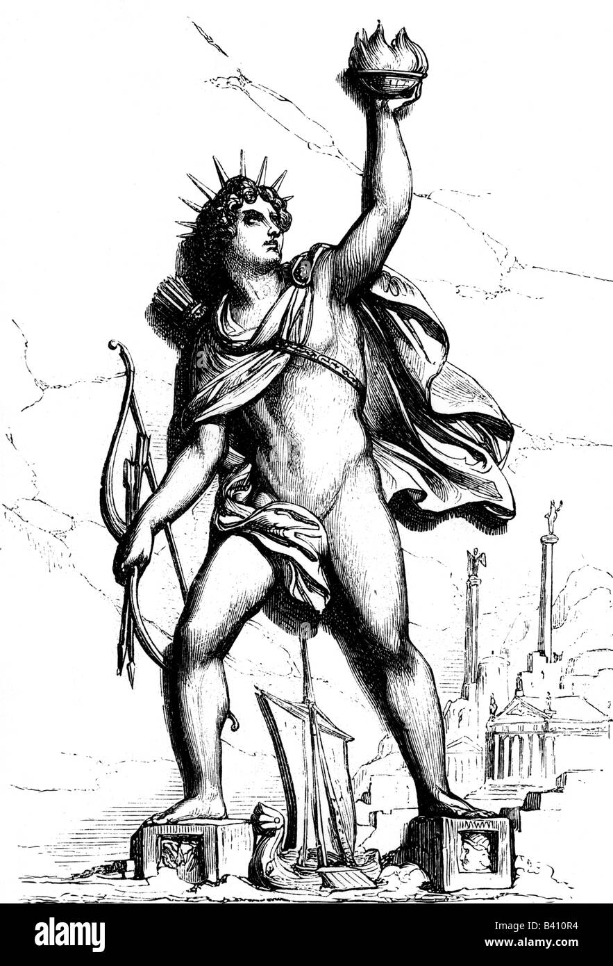 ancient world, wonder of the world, Colossus of Rhodes, statue of Helios, reconstruction, engraving, 19th century, graphic, graphics, giant, sun-god, sun god, mythology, Greece, Greek, historical, historic, one of the Seven Wonder of the World, ancient world, people, Stock Photo