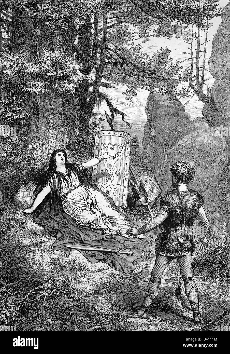 Wagner, Richard, 22.5.1813 - 13.2.1883, German composer, work, opera 'Siegfried', from 'The Ring of the Nibelung' (Der Ring des Nibelungen), 3rd act, scene: awaking of Brunhild by Siegfried, wood engraving after drawing by Knut Ekvall, 19th century, Stock Photo