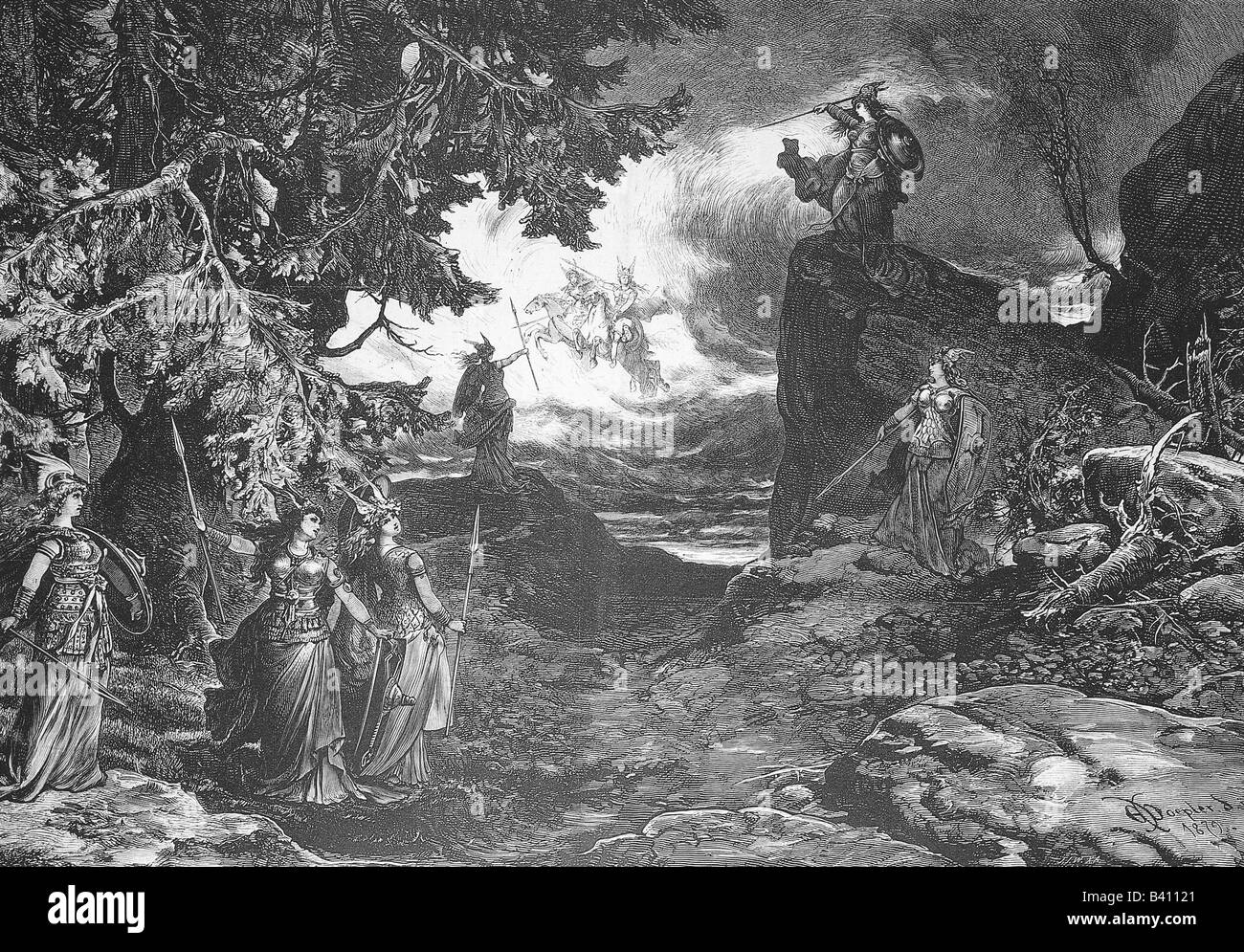 Wagner, Richard, 22.5.1813 - 13.2.1883, German composer, work, opera 'Valkyrie', from 'The Ring of the Nibelung' (Der Ring des Nibelungen), scene: Ride of the Valkyries, wood engraving after drawing by E. Doepler junior, 19th century, Stock Photo