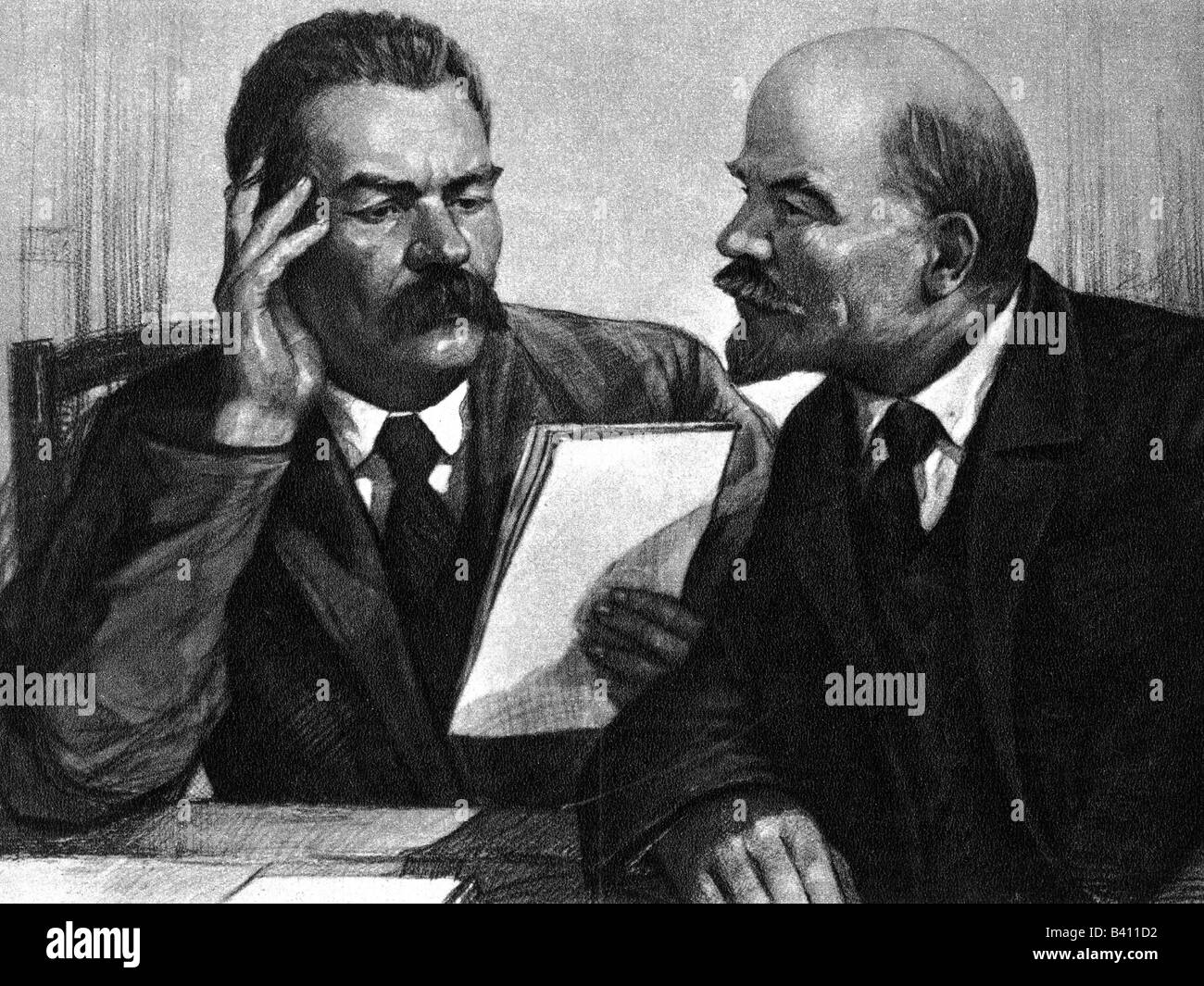 Gorky, Maksim, 28.3.1868 - 18.6.1936, Russian author / writer, half length, with Lenin, drawing by Wassiliev, Soviet Union, Stock Photo