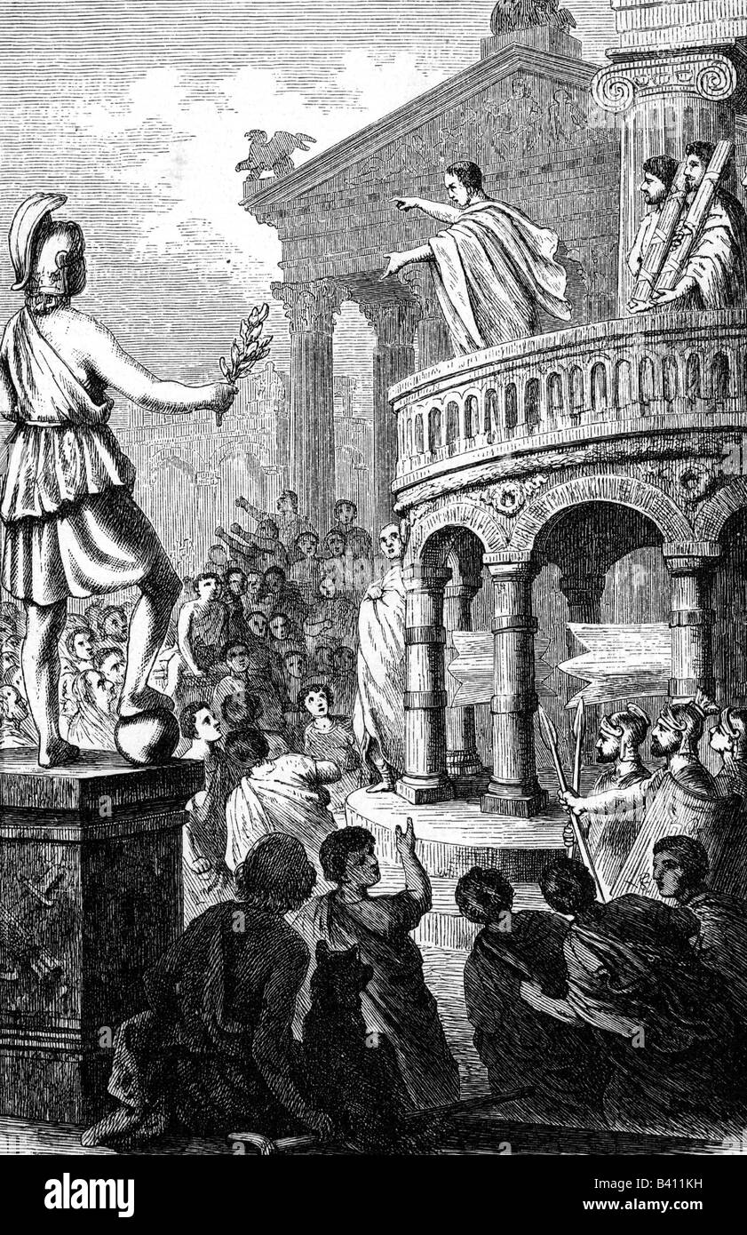 Cicero, Marcus Tullius, 3.1.106 - 7.12.43 BC, Roman politician, author, full length, during his speach against Catiline on rostra in Rome, Italy, fantasy drawing by H. Leutemann, 19th century, Stock Photo