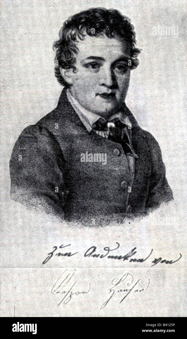 Hauser, Kaspar, 30.4.1812 - 17.12.1833, German foundling, portrait, with signature, , Stock Photo
