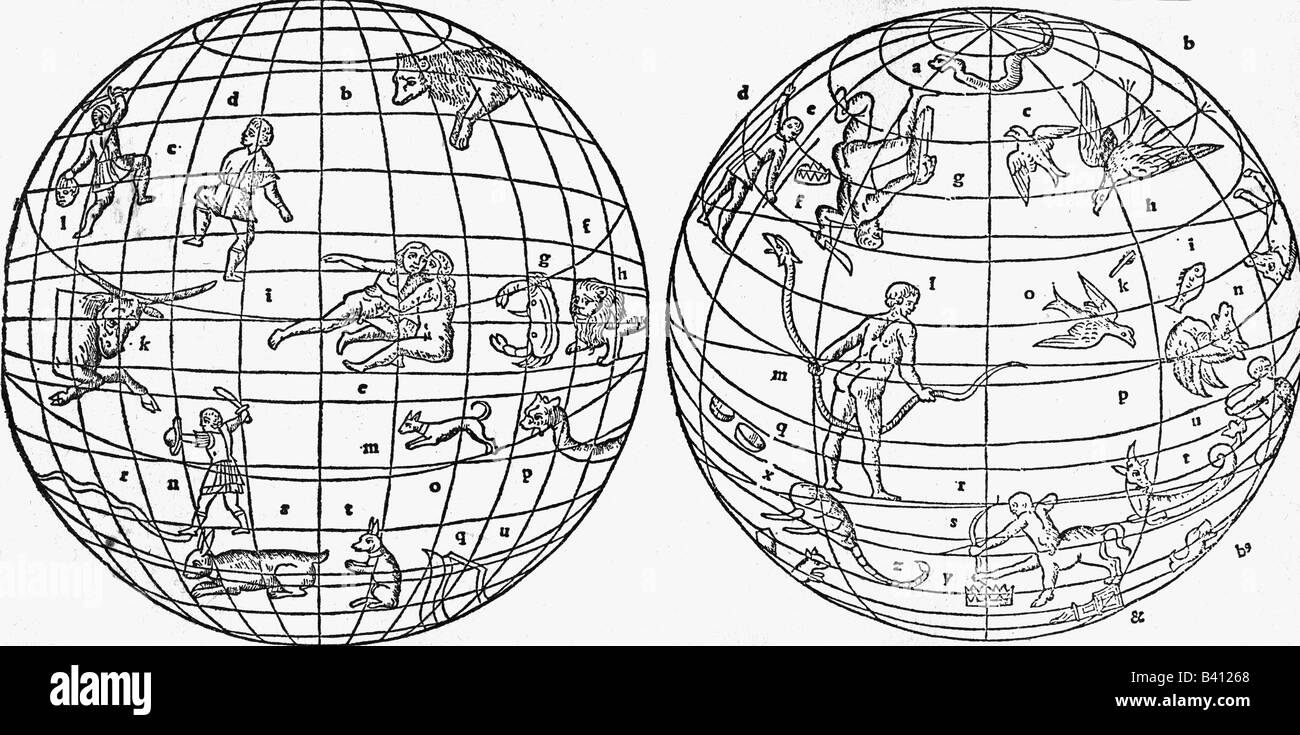 astronomy, planets, astronomical map, woodcut, 1511, Stock Photo