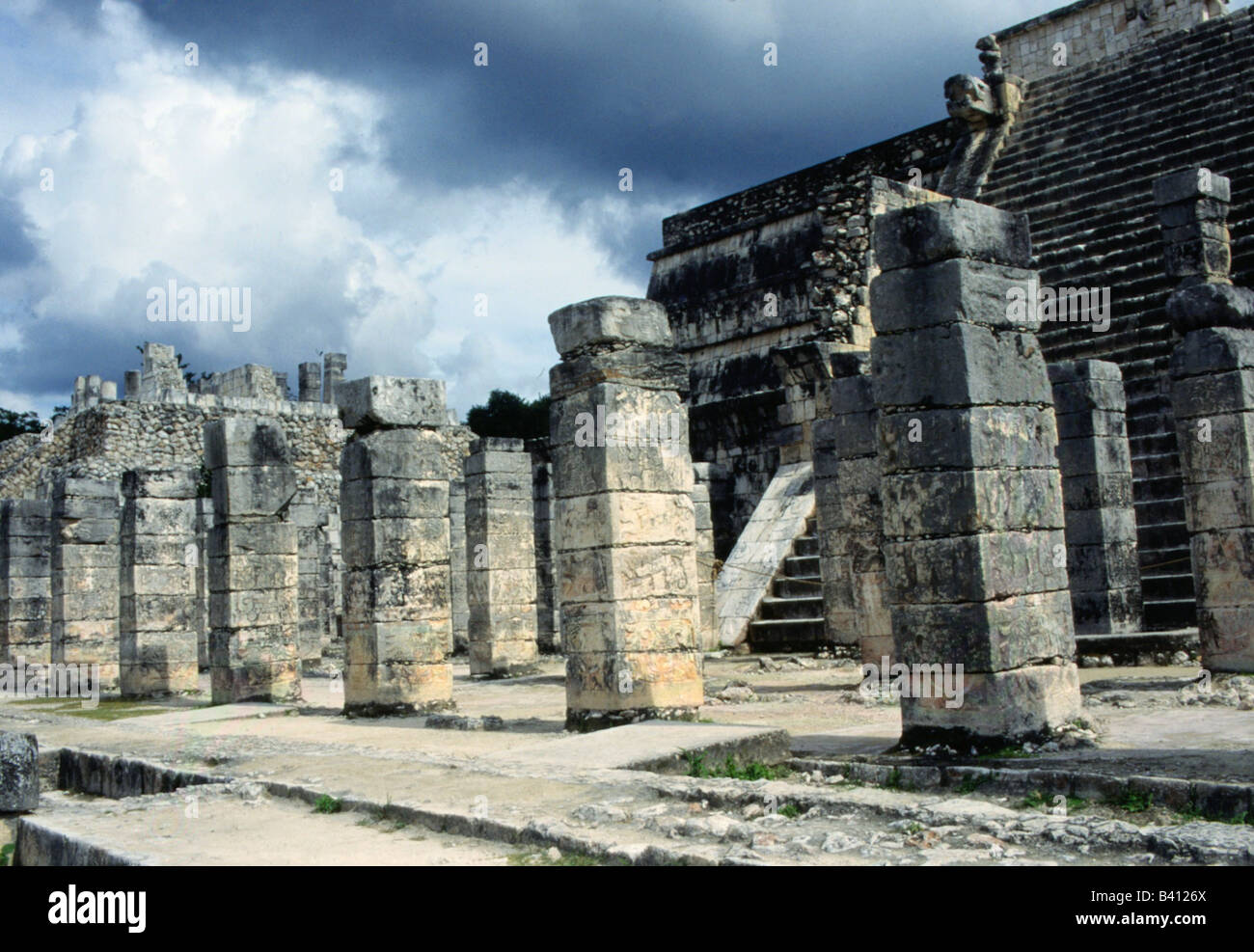 geography / travel, Mexico, Chichen Itza, Maya town, founded in 5th century AD, extended in Puuc style 7th - 10th century AD, populated by Toltecs, temple of the thousand columns, architecture, America, Mayas, religion, UNESCO, World Heritage Site, Yucatan, America, central America, latin-american indians, historical, historic, ancient, fifth, seventh, tenth, latin american,  CEAM, 20th century, Stock Photo
