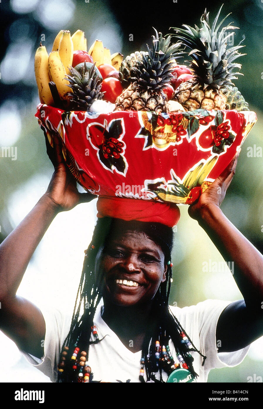 people, women, Caribbean, young woman with fruit basket on head, ethnic