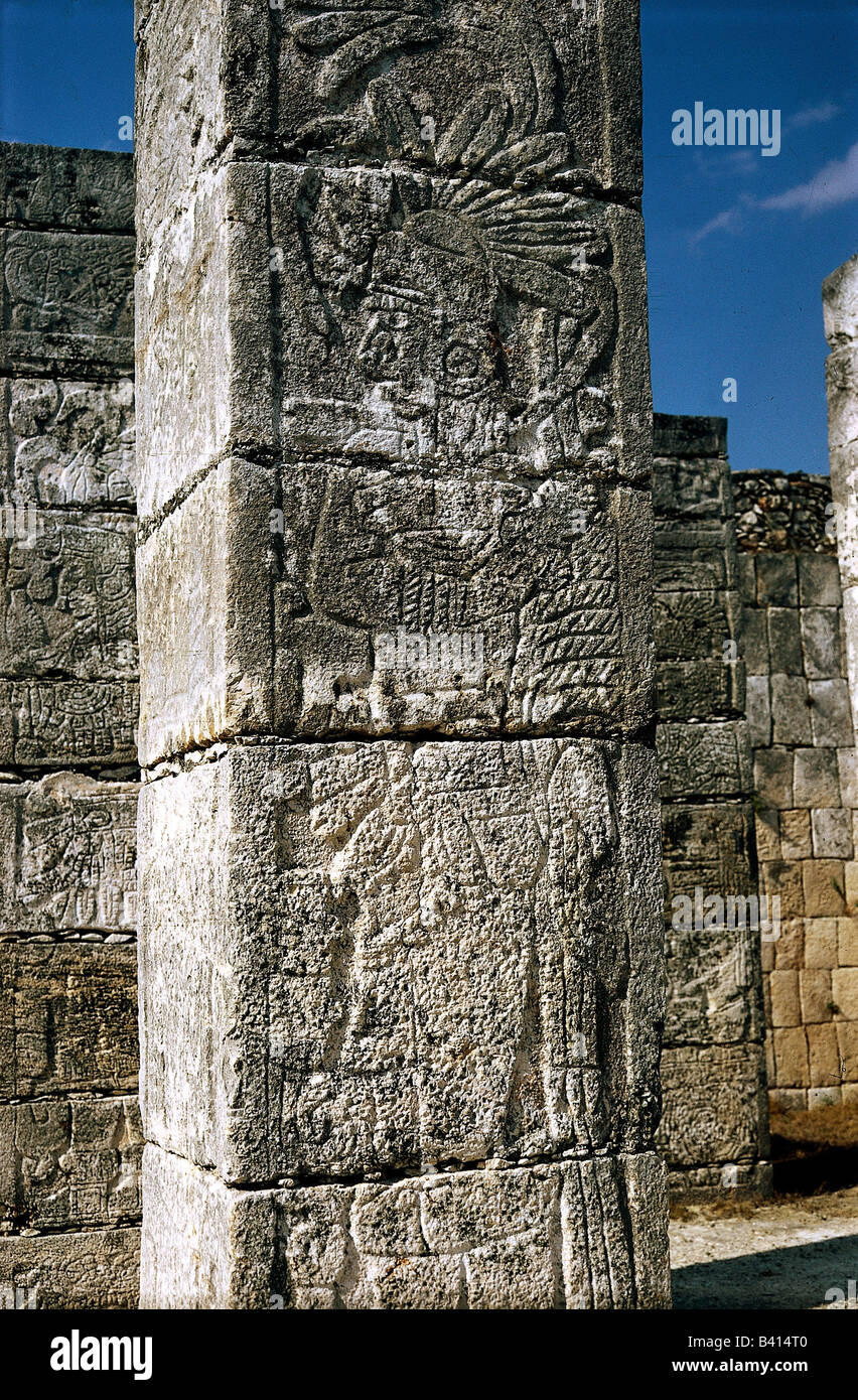 geography / travel, Mexico, Chichen Itza, Maya town, founded in 5th century AD, extended in Puuc style 7th - 10th century AD, populated by Toltecs, temple of the thousand columns, column with relief, architecture, fine arts, America, Mayas, religion, UNESCO, World Heritage Site, Yucatan, America, central America, latin-american indians, historical, historic, ancient, stones, fifth, seventh, tenth, 1000, Stock Photo