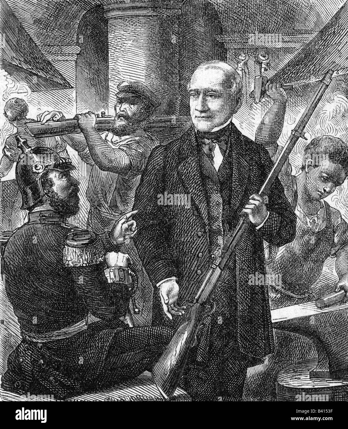 Dreyse, Johann Nikolaus von, 20.11.1787 - 9.12.1867, German inventor, with his 'Needle gun' in his workshop, wood engraving, 19th century, Stock Photo