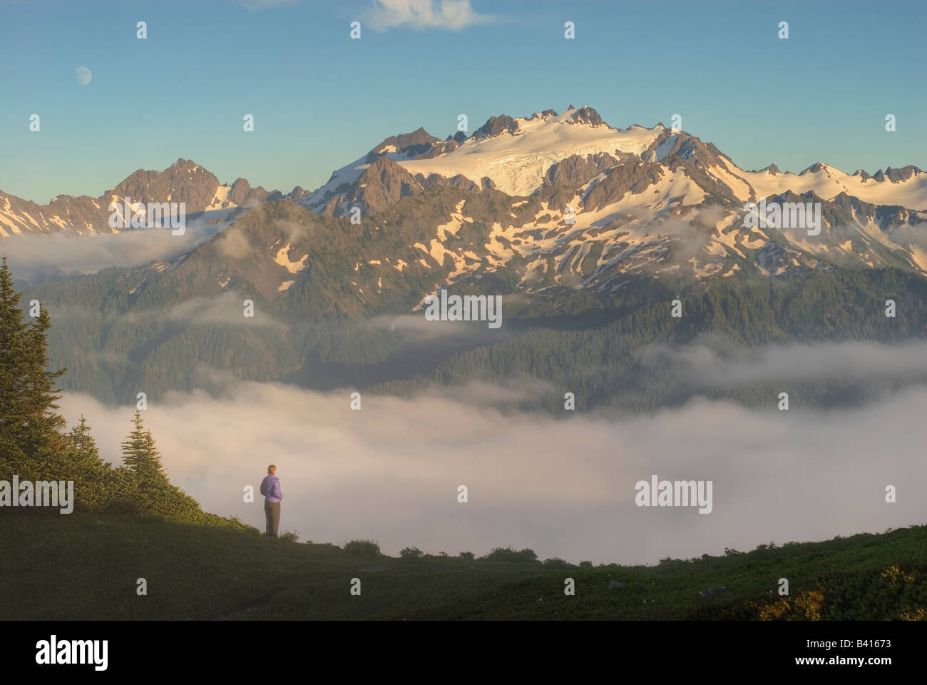 USA, Washington, Olympic National Park. A female hiker enjoys the view of  Mt. Olympus from the High Divide. (MR Stock Photo - Alamy