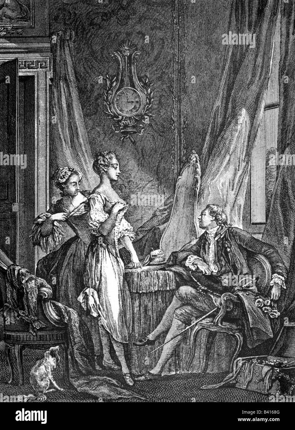 fashion, 18th century, France, ladies fashion, lady getting dressed, 'Le Lever', copper engraving after painting by Pierre Antoine Baudouin (1723 - 1769), Stock Photo