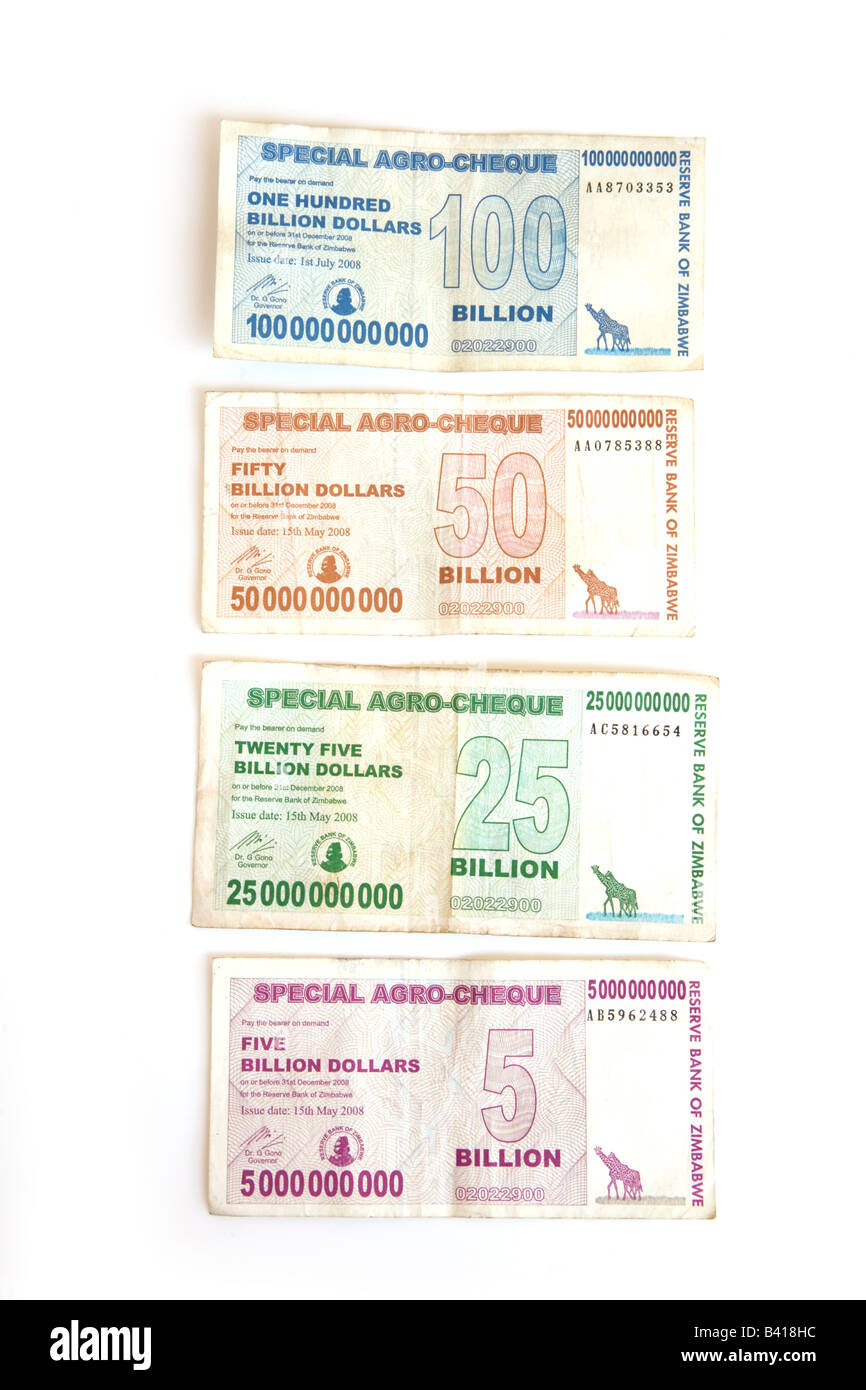 Zimbabwean billion dollar notes isolated on a white studio background. Stock Photo