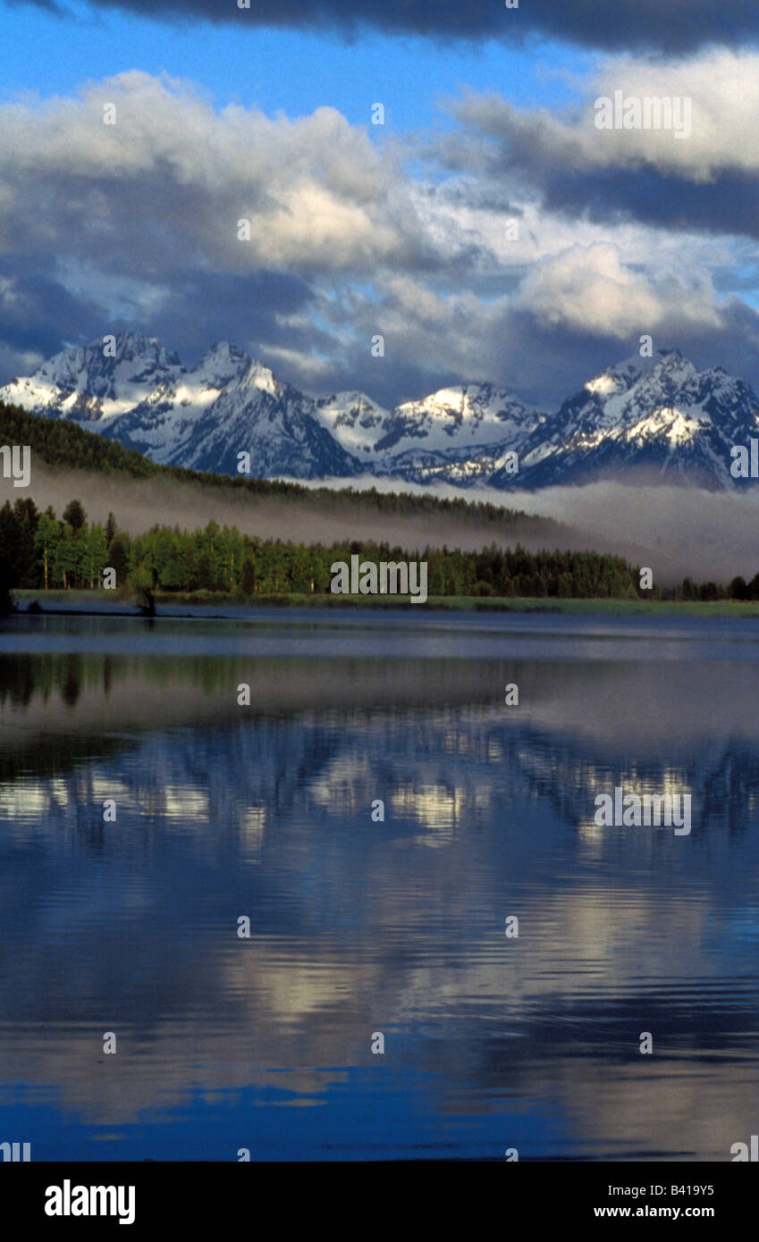 North America, United States, Wyoming, Grand Teton. Reflection on lake. Stock Photo