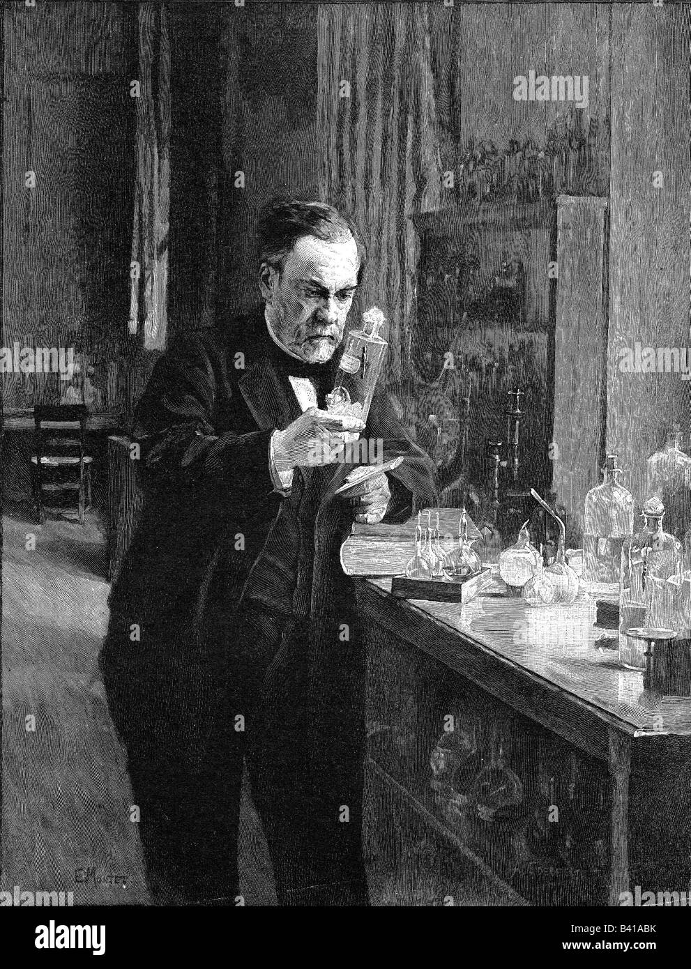 Pasteur, Louis, 27.12.1822 - 28.9.1895, French scientist, microbiologist, chemist, laboratory, lab, engraving by E. Montet 19th century,  creator vaccine anthrax, medicine, historic, , Stock Photo