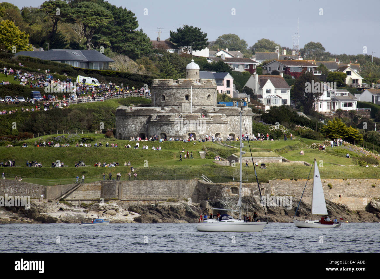 St Mawes Castle Spectators watching Tall Ships Parade of Sail from Falmouth September 2008 Stock Photo