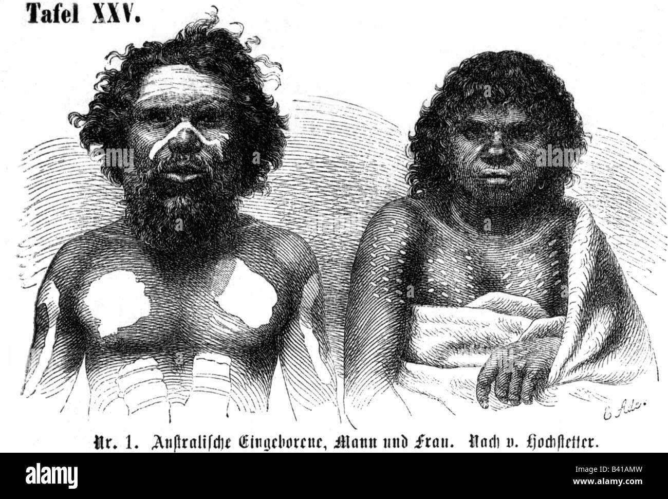 geography / travel, Australia, people, Aborigines, man amd woman, engraving by E. Ade, circa 1900, Stock Photo