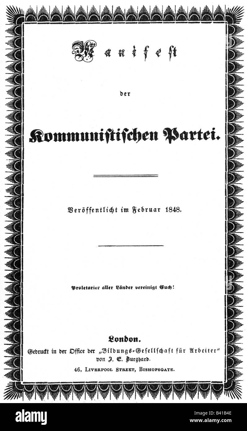 politics, The Communist Manifesto, (Das Manifest der Kommunistischen Partei), 1847-1848, by Karl Marx, (1818-1883), and Friedrich Engels, (1820-895), title, London, 1848, 1840s, communism, historic, historical, 19th century, Stock Photo