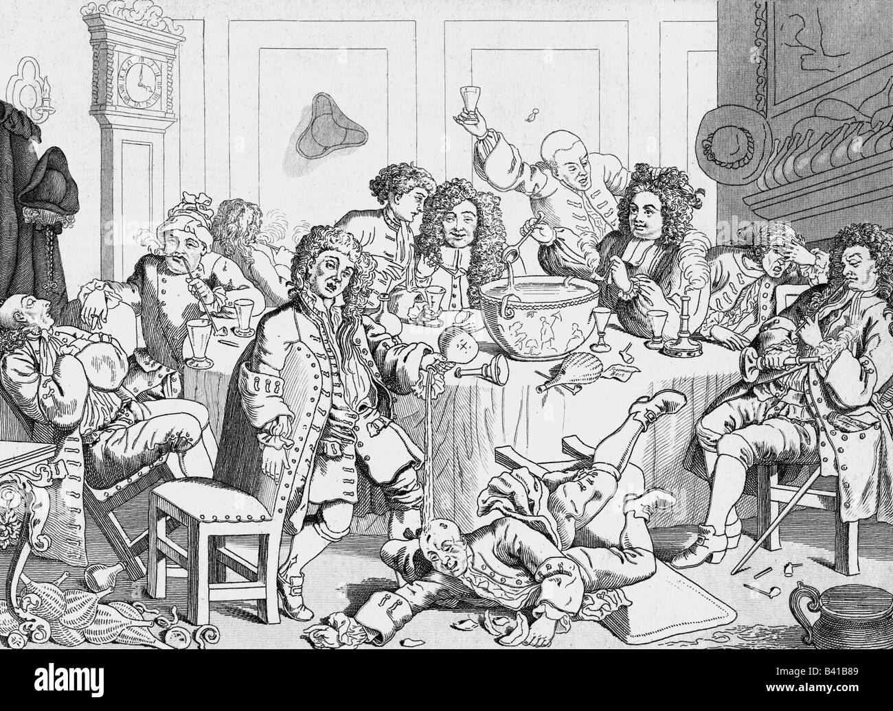 alcohol, punch, caricature, 'A Midnight Modern Conversation', copper engraving by William Hogarth (1697 - 1764), , Stock Photo