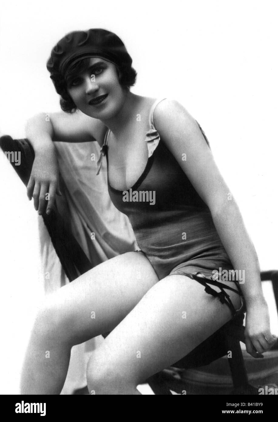 bathing, swimsuit, young woman, wearing swimsuit, half length, studio, 1920, Stock Photo