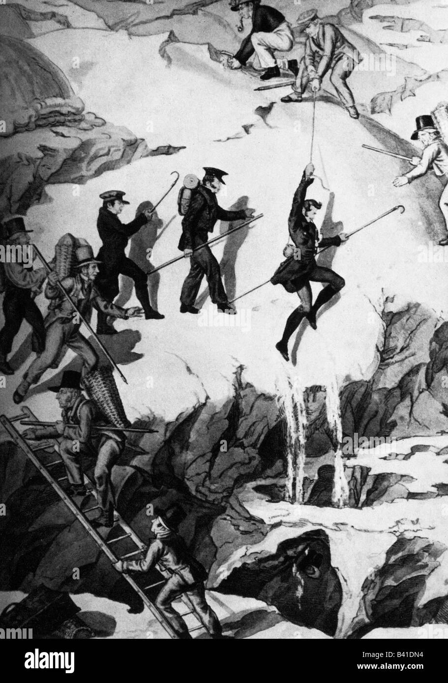 mountaineering, mountain hikes, Finsteraarhorn, ascent by Franz Joseph Hugi, 1829, Stock Photo