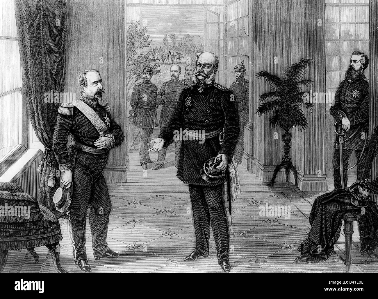 Napoleon III, 20.4.1808 - 9.1.1873, Emperor of the French 2.12.1852 - 2.9.1870, meeting with King William I of Prussia, Bellevue castle near Sedan, 2.9.1870, wood engraving, 19th century, , Stock Photo