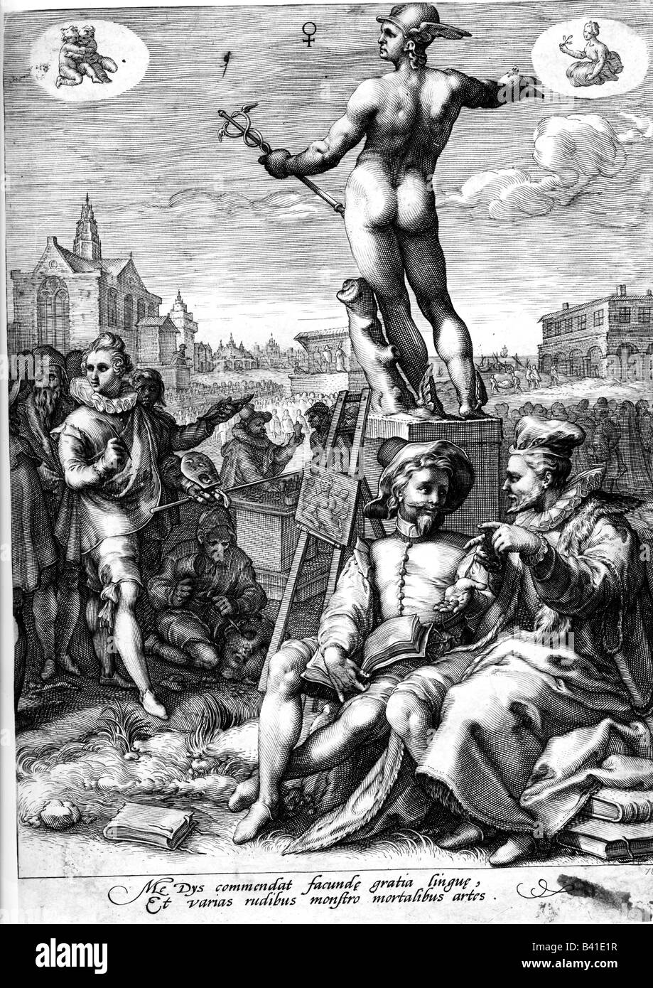 allegories, art, Mercury as protector of arts, copper engraving by von Jan Saenredam after Hendrick Goltzius, Netherlands, 1596, Stock Photo