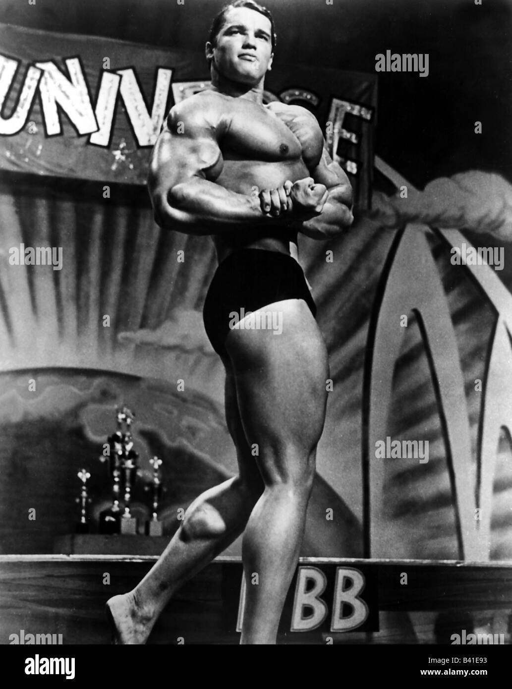 Schwarzenegger, Arnold, * 30.7.1947, Austrian actor, half length, World Amateur Bodybuilding Championship, IFBB Mr. Universe, 1969, Stock Photo