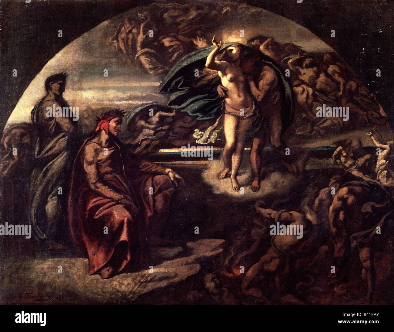Dante, Alighieri, 1265 - 14.9.1321, Italian poet, works, 'Divine Comedy', in the underworld, painting, by Anselm Feuerbach (1829 - 1880), 1856, Schack Galery, Munich, Germany, Stock Photo
