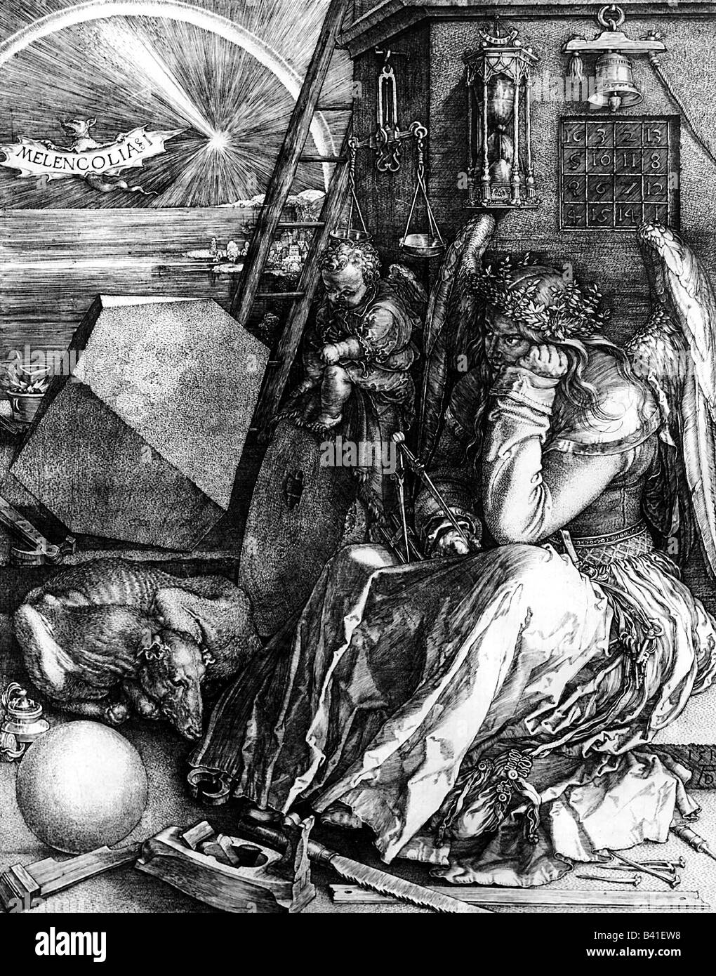 fine arts, Duerer, Albrecht, (1471-1528), 'Melancholia I', engraving, 240x187mm, Stadelmuseum, Frankfurt am Main, Artist's Copyright has not to be cleared Stock Photo