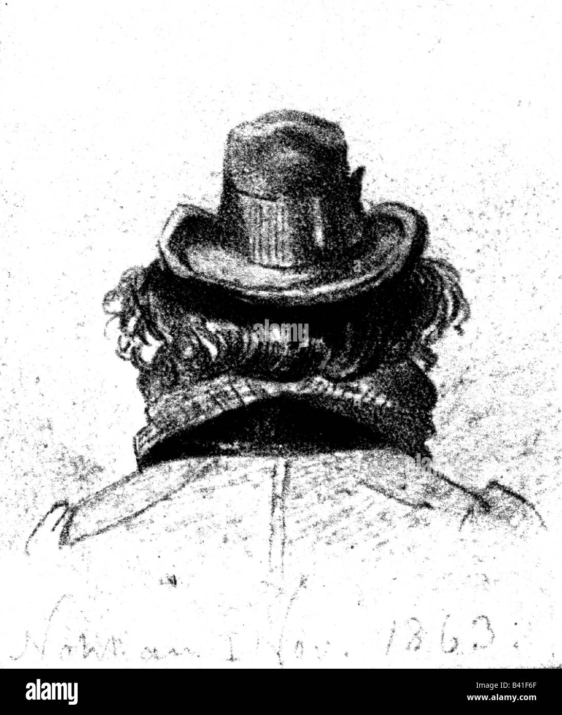 Fontane, Theodor, 30.12.1819 - 20.9.1898, German author / writer, poet, portrait, back view, caricature, 1863, , Stock Photo