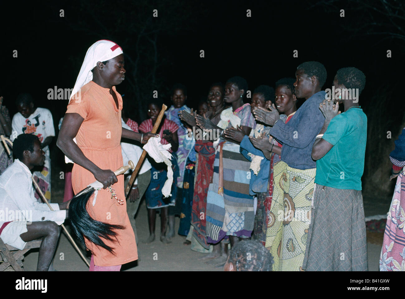 African witch doctor performing a spiritual healing ritual in Fulaza village, near North Luangwa National Park, Zambia. Stock Photo
