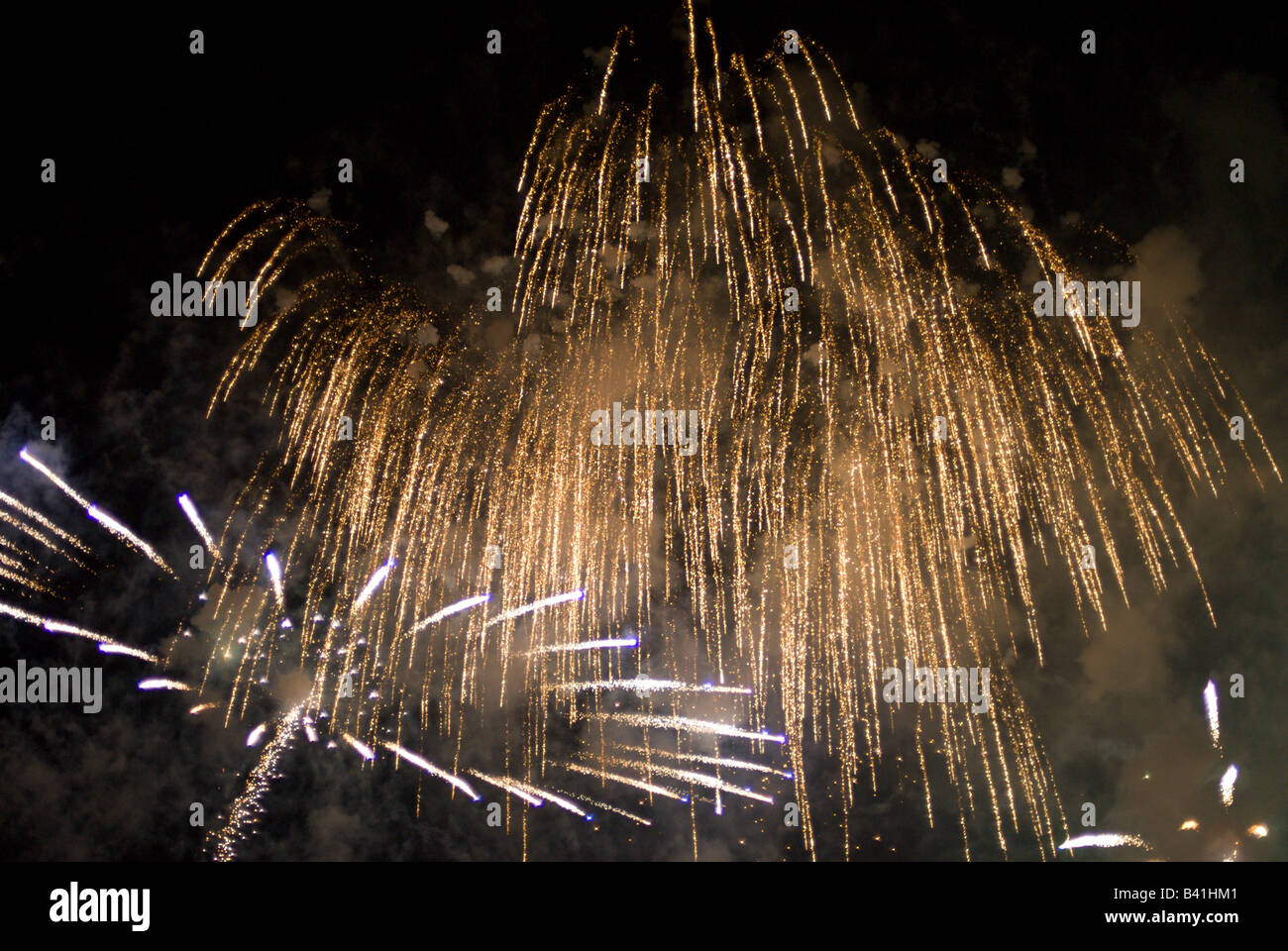 Fireworks explosion frozen by a fast shutter speed over Lake Suwa September 6 2008 Stock Photo