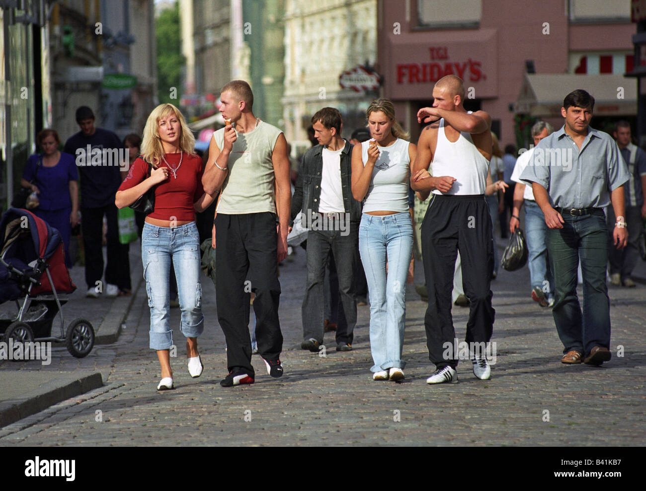 People walking on the street in Riga, Latvia Stock Photo
