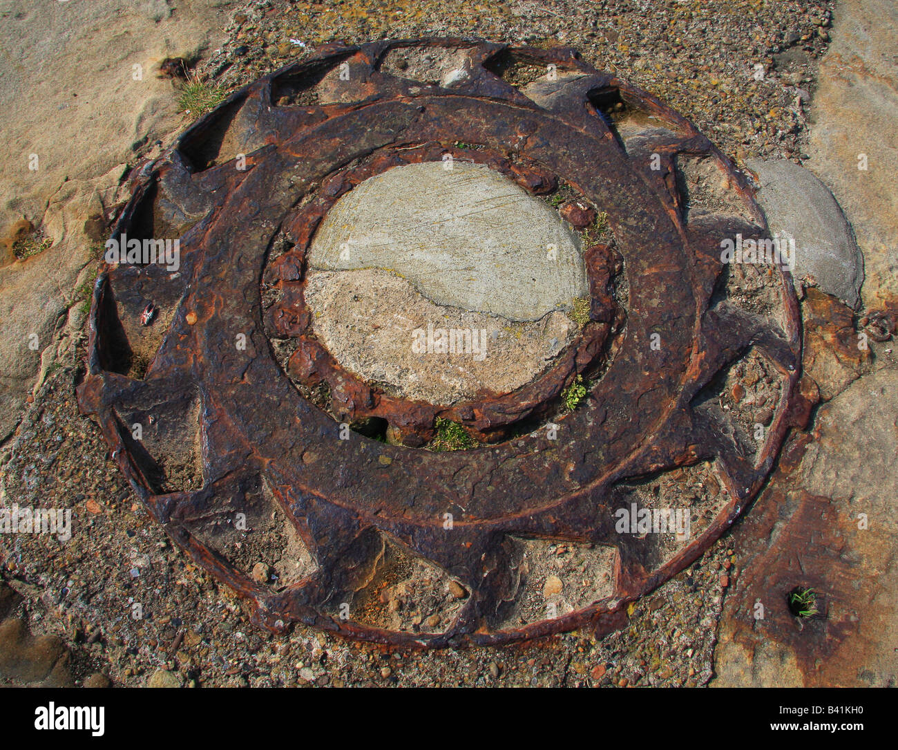 Rusty remains of base of old capstan on Whitby Pier looking like a fossil sea creature Stock Photo