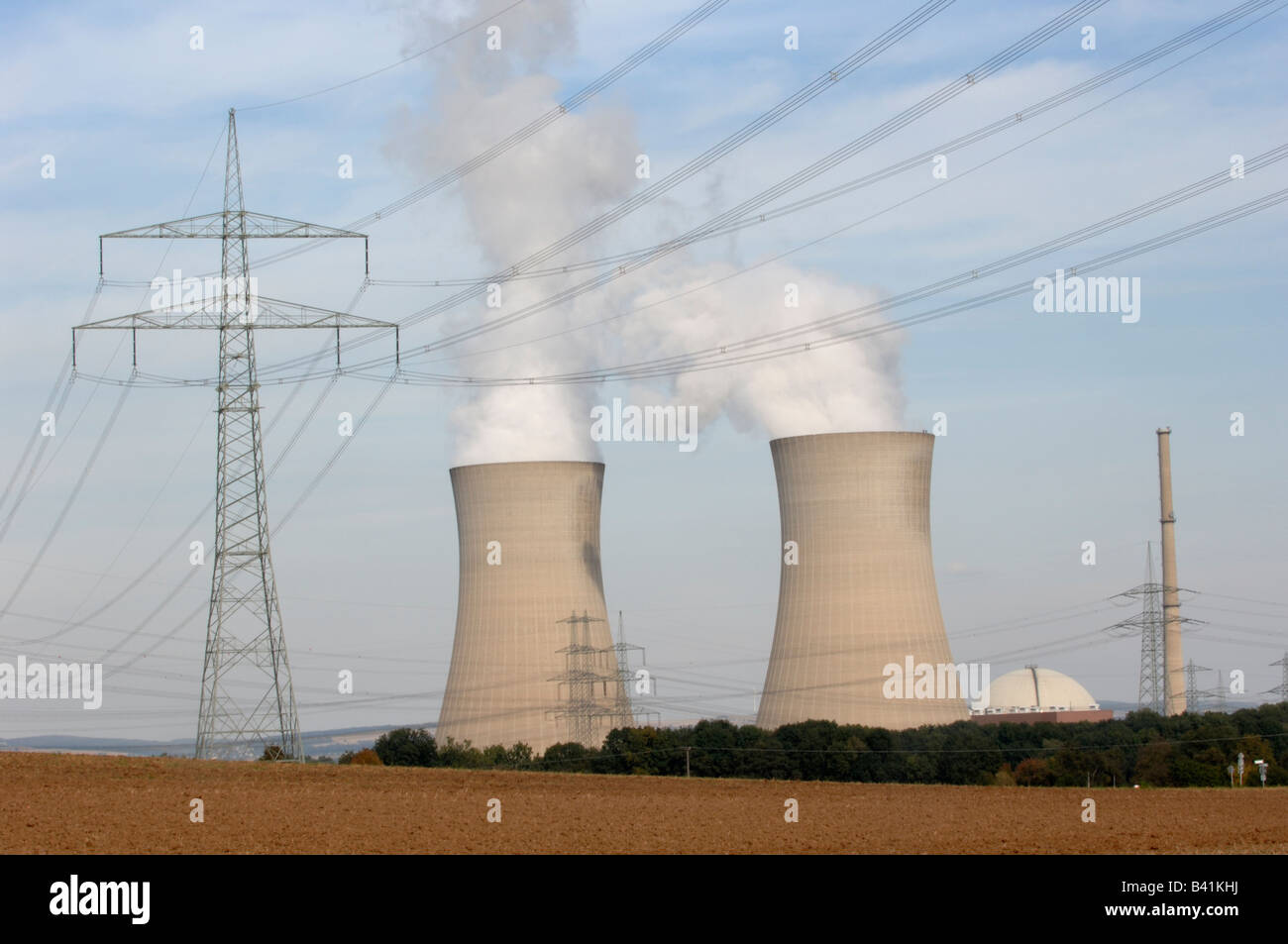 Nuclear power plant Grafenrheinfeld with cooling towers near the city of Schweinfurth Stock Photo