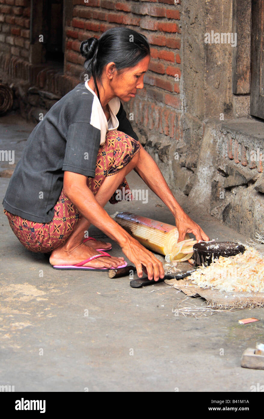 bali aga village life, lady shredding banana tree for pig food, semberan, bali aga village , north bali , indonesia Stock Photo