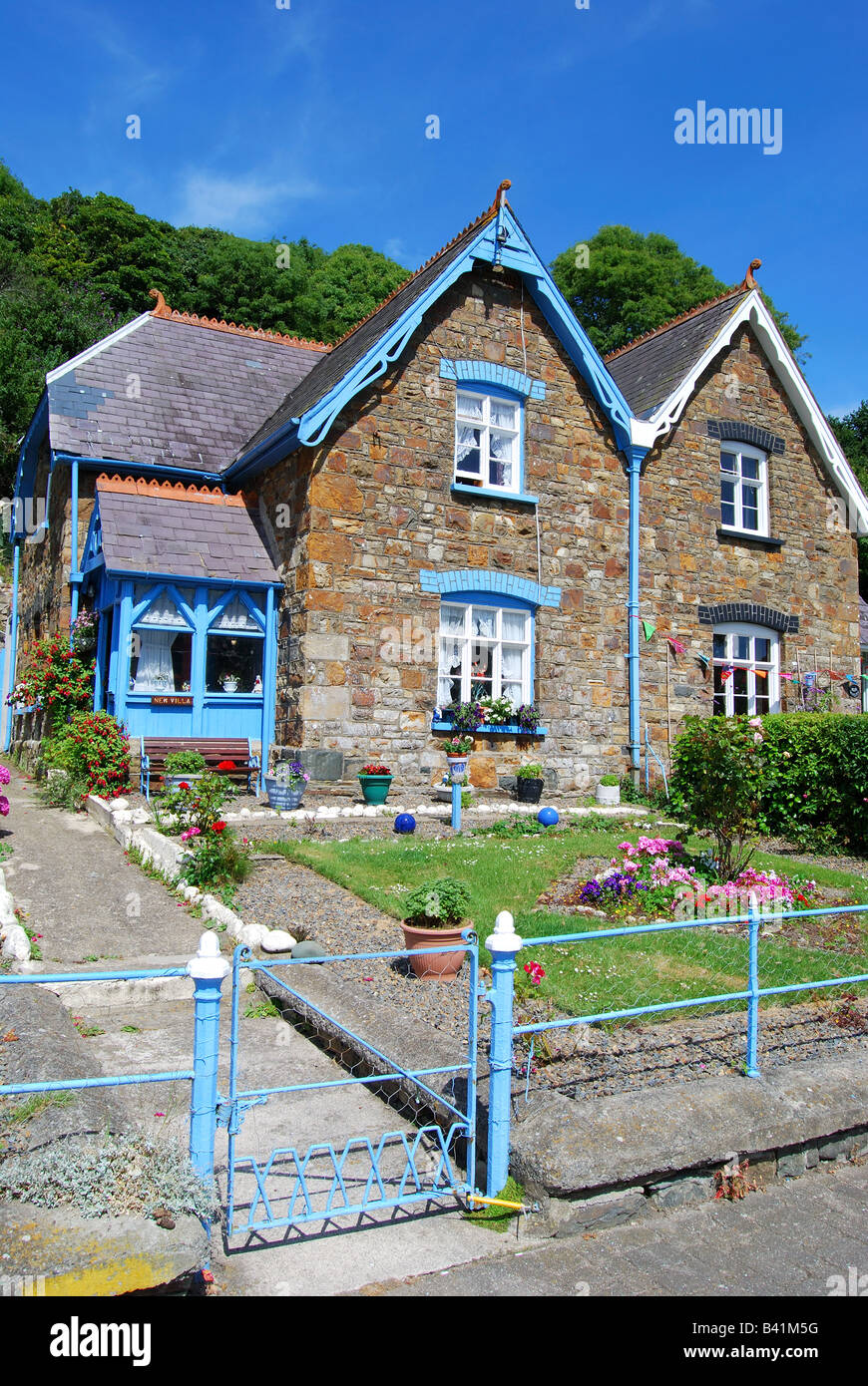 Colourful stone cottages, Fishguard, Pembrokeshire Coast National Park, Pembrokeshire, Wales, United Kingdom Stock Photo