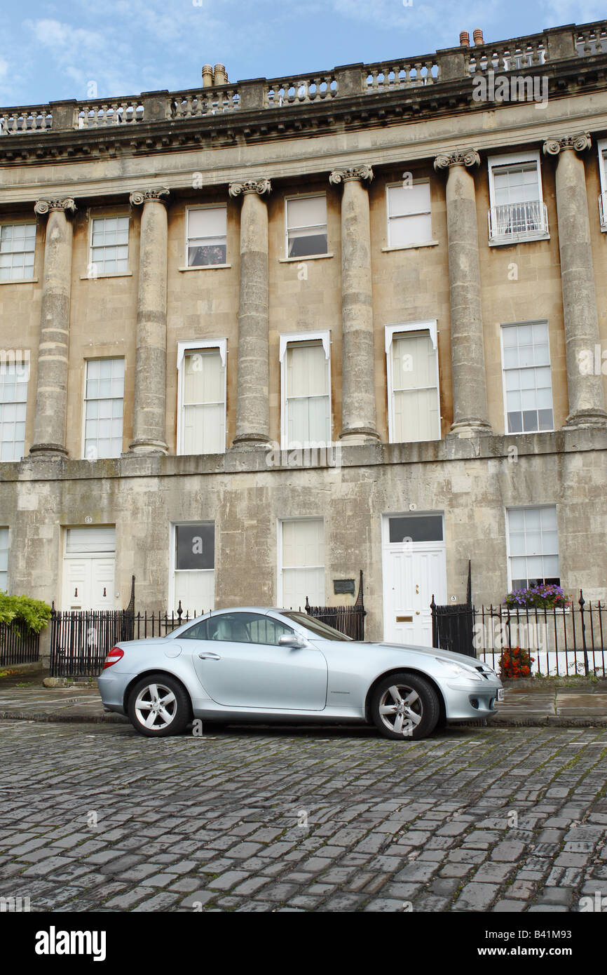 Mercedes Kompressor SLK 200 luxury expensive sports coupe car parked in The Royal Crescent Bath England Autumn 2008 Stock Photo