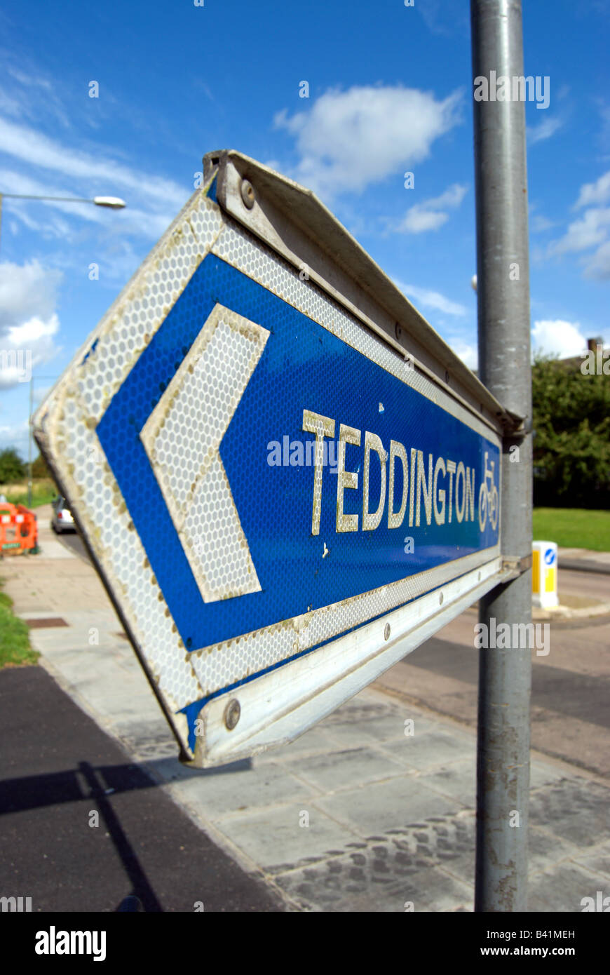 blue and white cycle route sign for teddington, middlesex, located in ham, southwest london, england Stock Photo