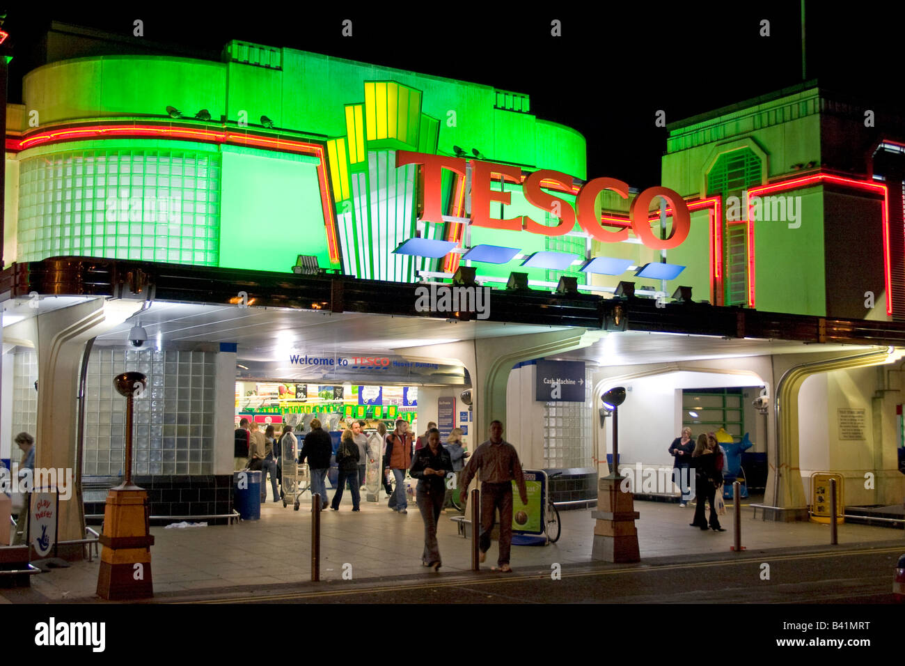Entrance to Tesco supermarket in former art deco Hoover Building , Perivale, London Stock Photo