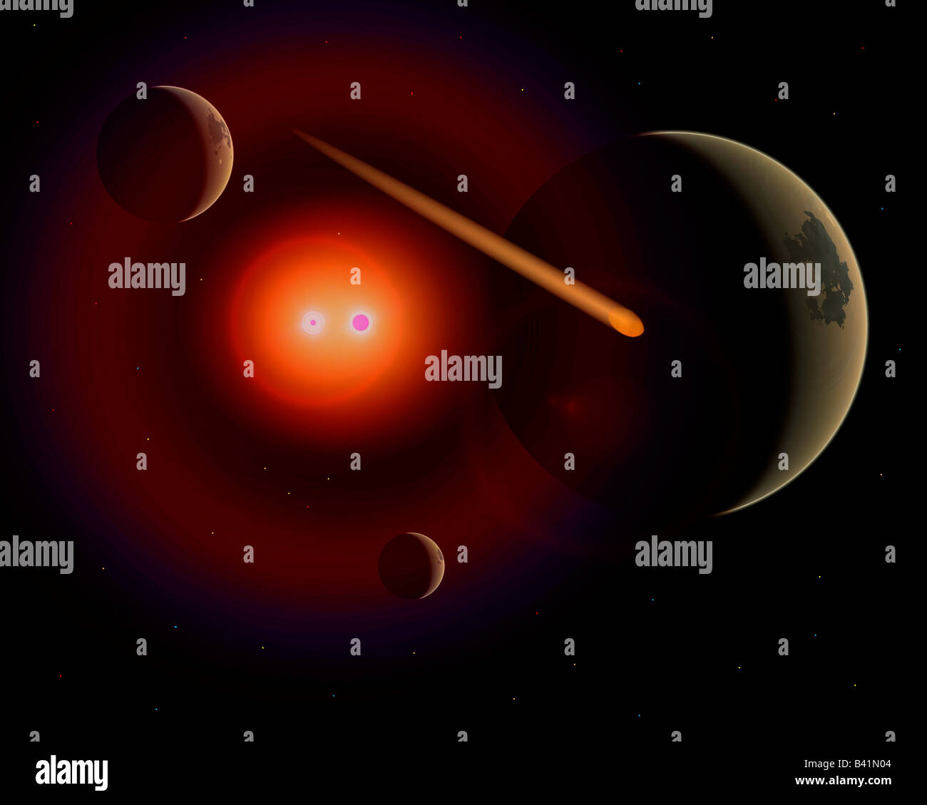 Binary Star System,With a Passing Comet Stock Photo