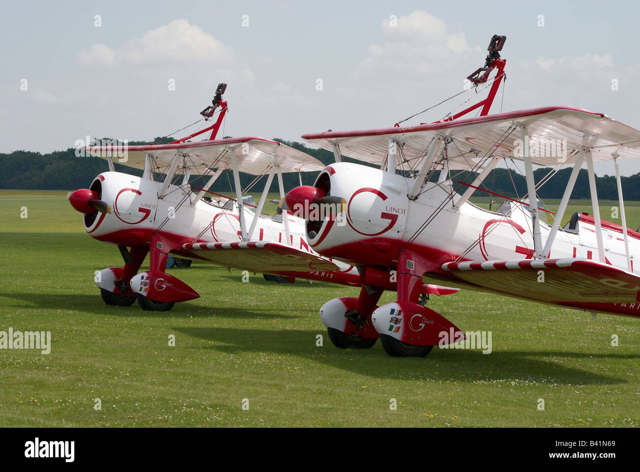 Team Guinot Boeing PT17 Kaydet Bi-Planes at Middle Wallop, July 2008. Stock Photo