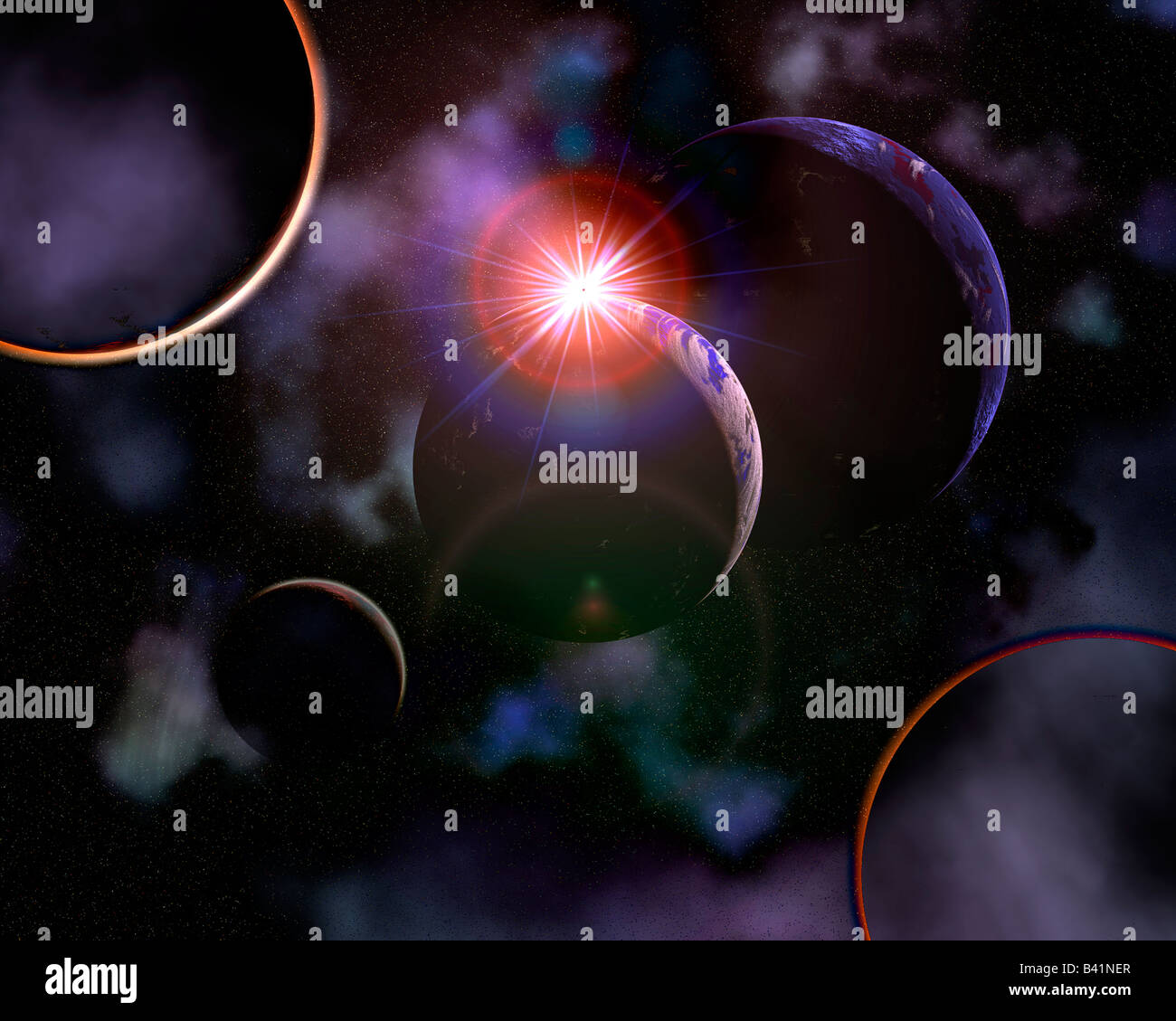 A Distant Sun  Rising Above A Planet In Its Solar System Stock Photo