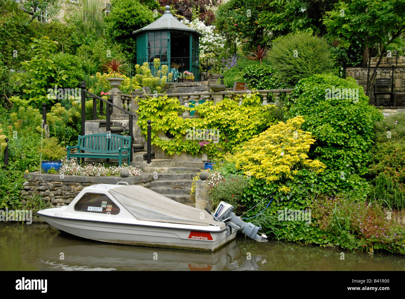 Garden with a pavilion, bench and motor boat, Bath, Kennet and Avon ...