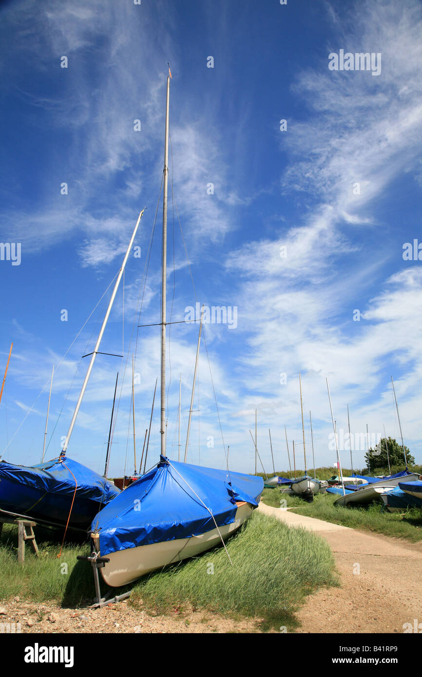 Blue sky and blue covered boats Stock Photo - Alamy
