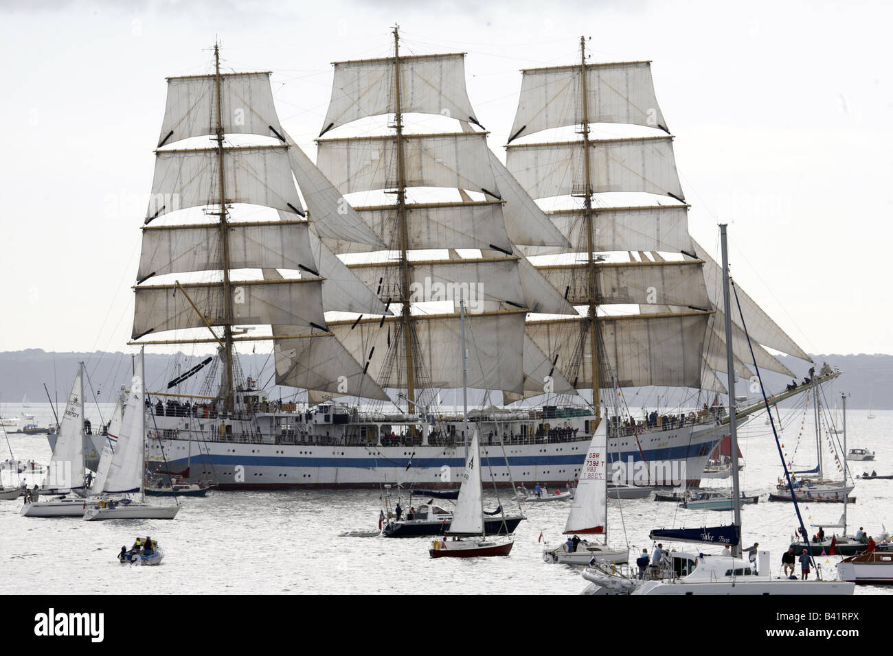 Fully Rigged Ship, Mir at the start of the Falmouth to Funchal leg of the 2008 Tall Ships Race Stock Photo