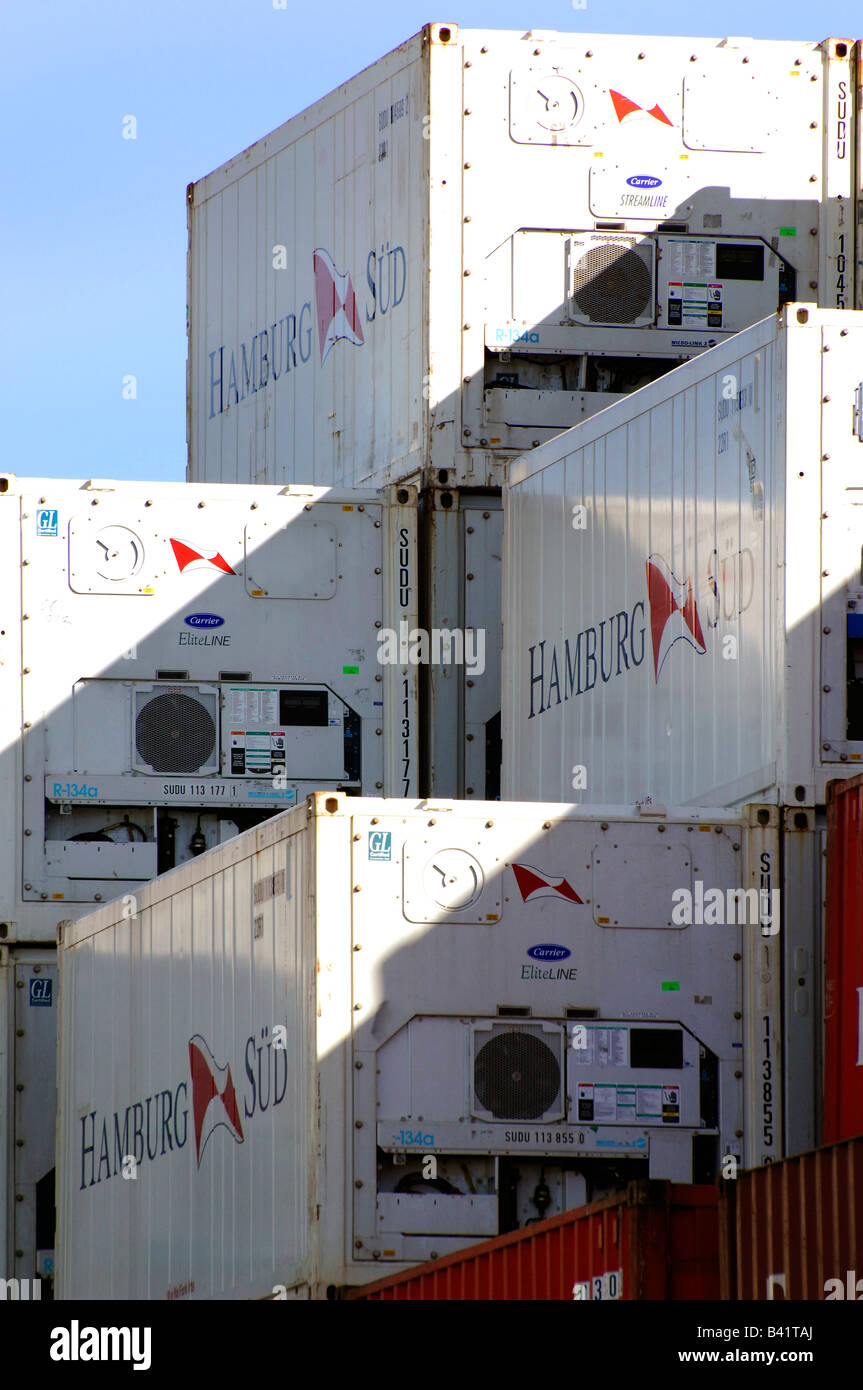 Stacked refrigerated shipping containers Stock Photo