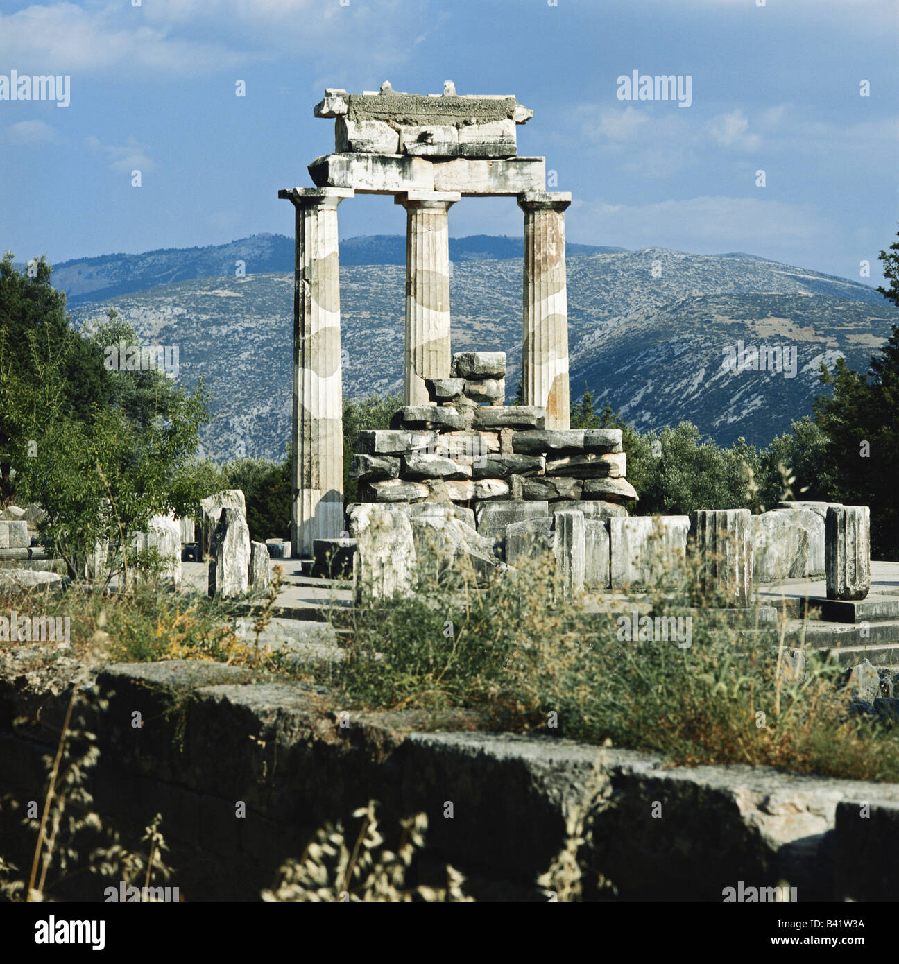 Ruins of the Tholos Temple of Apollo at Delphi, Greece Stock Photo